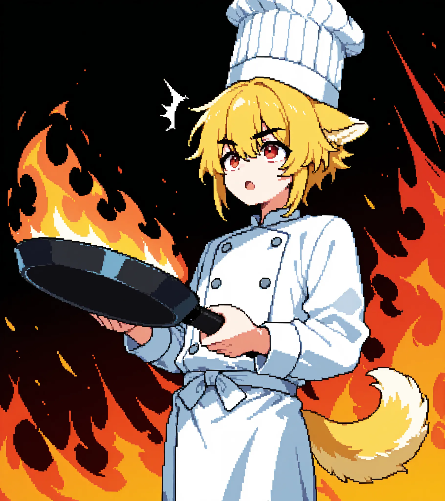 score_9, score_8_up, score_7_up, source_anime, solo, pixel art, kemonomimi, 1boy, solo BREAK
Dog ears and tail, yellow hair, short hair, red eyes, yellow ears, yellow tail BREAK
Chef, japanese clothes, white clothes, long sleeves, chef hat BREAK
Loo...