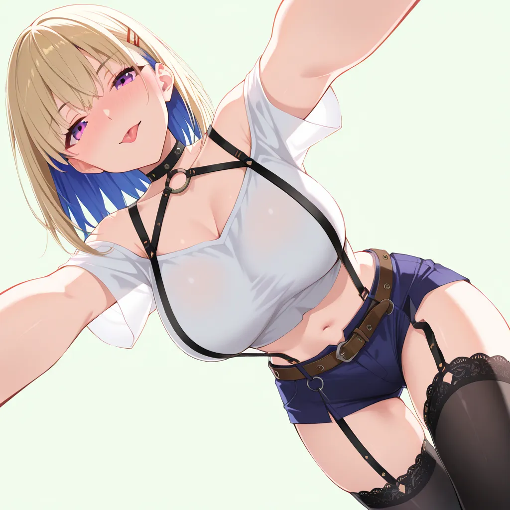 NSFW, 1girl,solo, thighhighs, blonde medium hair,dark blue inner hair,black suspenders,garter_straps, purple_eyes, hairclip,dark blue shorts,Black legwear with lace,looking_at_viewer, full-face_blush,white_shirt, crop_top,short_sleeves, off-shoulder_shirt,white belt, midriff, navel, seductivesmile,bangs, eyebrows_visible_through_hair, bare_shoulders, tongue_out, suspender_shorts,black_choker, sidelocks,  o-ring, large breasts, Simple green background, {{{very aesthetic, best quality, intricate, extremely detailed CG, masterpiece,highest quality,high resolution, hyper-detailed, amazing quality, excellent,ultra-high resolution,hi-vision anime,parfect anatomy,well-proportioned eyes}}},reaching out,from below,naughty face,Seductive,Flirty,Licking 