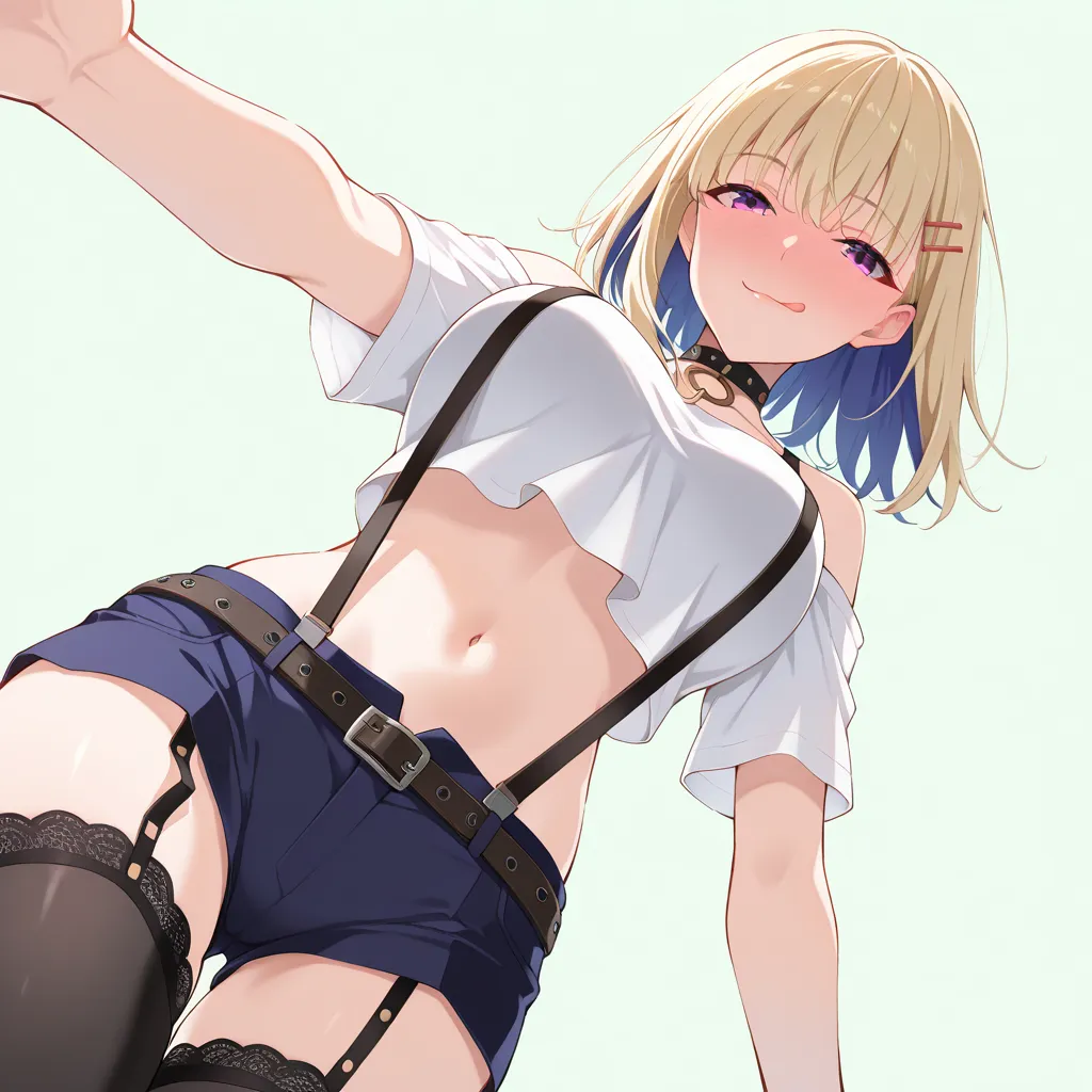 NSFW, 1girl,solo, thighhighs, blonde medium hair,dark blue inner hair,black suspenders,garter_straps, purple_eyes, hairclip,dark blue shorts,Black legwear with lace,looking_at_viewer, full-face_blush,white_shirt, crop_top,short_sleeves, off-shoulder_shirt,white belt, midriff, navel, seductivesmile,bangs, eyebrows_visible_through_hair, bare_shoulders, tongue_out, suspender_shorts,black_choker, sidelocks,  o-ring, large breasts, Simple green background, {{{very aesthetic, best quality, intricate, extremely detailed CG, masterpiece,highest quality,high resolution, hyper-detailed, amazing quality, excellent,ultra-high resolution,hi-vision anime,parfect anatomy,well-proportioned eyes}}},reaching out,from below,naughty face,Seductive,Flirty,Licking 