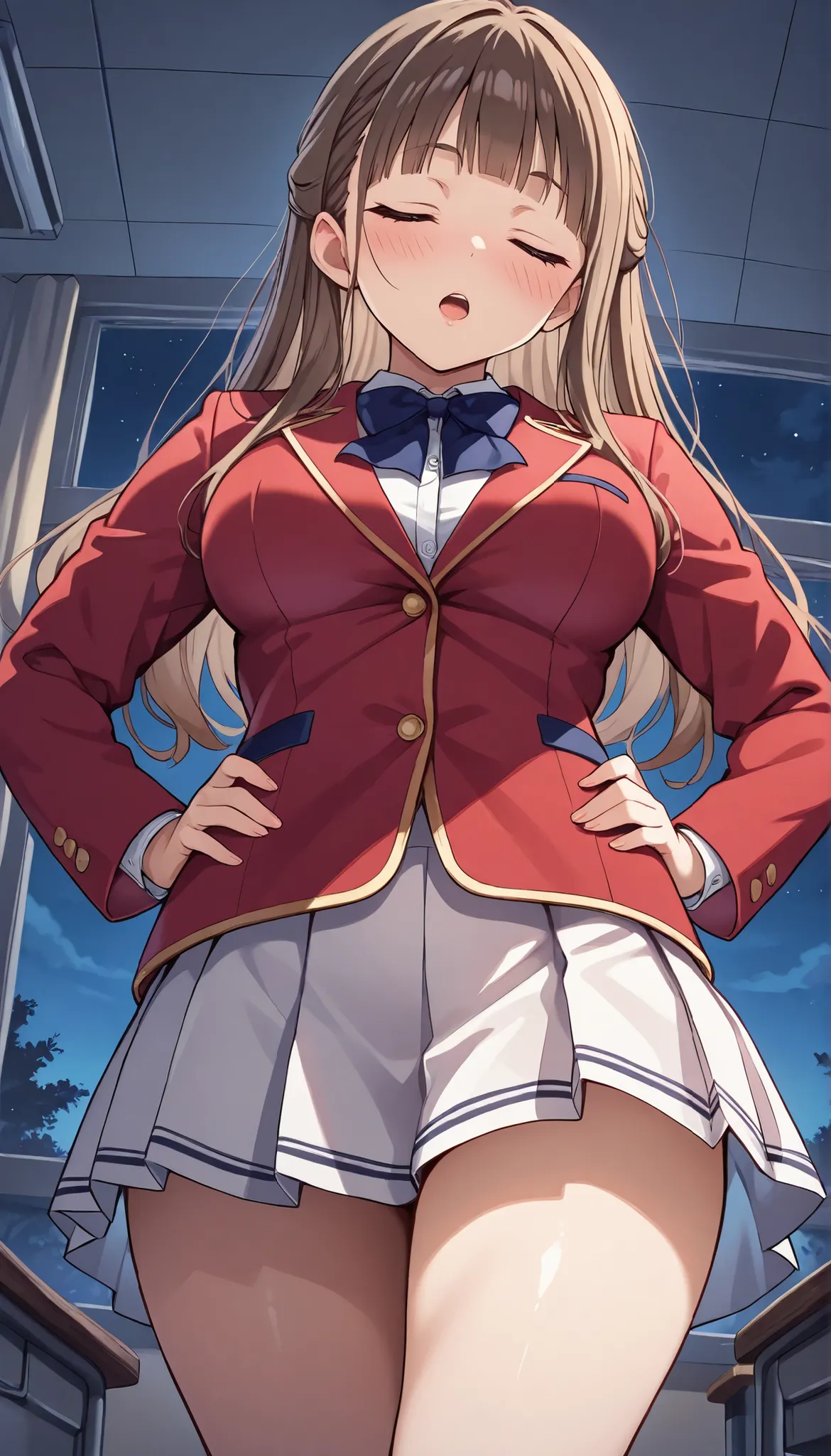 rika morofuji, brown hair, long hair, closed eyes, girl, red ribbon, red jacket school uniform, white shirt, red jacket, collared shirt, bowtie, white skirt, thigh,from below, standing ,1girl, solo, cowboy shot, night ,school classroom, masterpiece, best q...