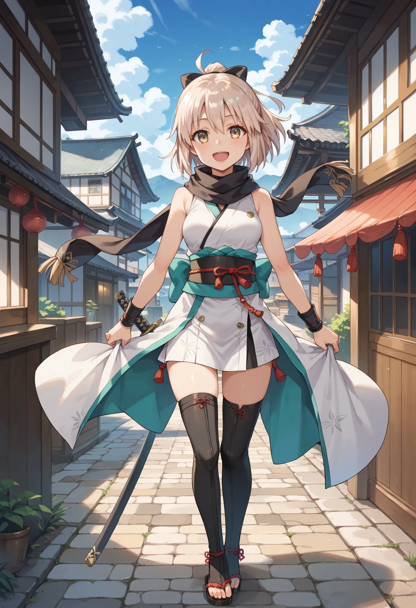  cute face, perfect face, perfect hands, 1teen_girl,okita souji \(FGO\), okita souji \(fate\), white_pink_ponytail,black_bow,sleeveless_white_short_kimono,
 smile,happy,gold_eyes, thigh-highs, (straw_sandals:0.6),medium_breasts,  ,town_background,black_lon...