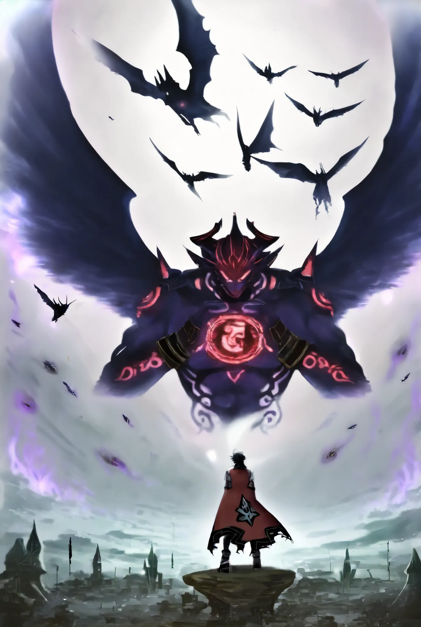 An ultra-detailed anime-style illustration in 4K resolution, depicting a fantasyland bathed in ethereal light. In the center, a young male hero with spiky dark hair, wearing a battle-worn cloak and enchanted armor with glowing crimson runes, floats mid-air...
