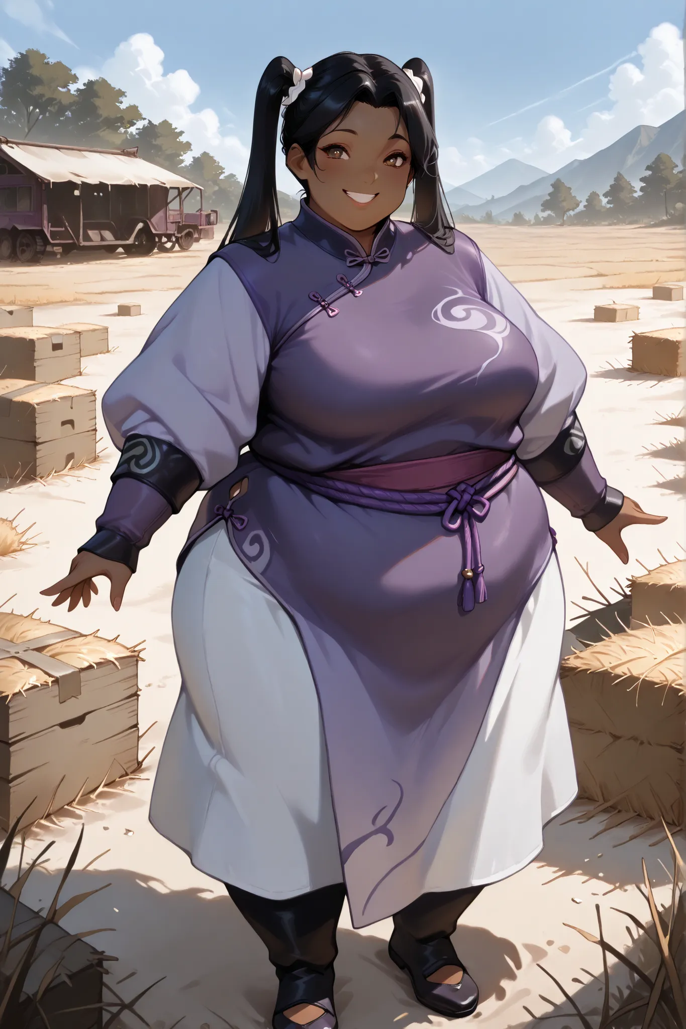 masterpiece, best quality, high resolution,1girl, solo, hay lin, purple cheongsam, purple jacket, large breasts, long hair, twin tails, black hair, brown eyes, dark skin, smiling, outdoors, wasteland, full body, cowboy shot