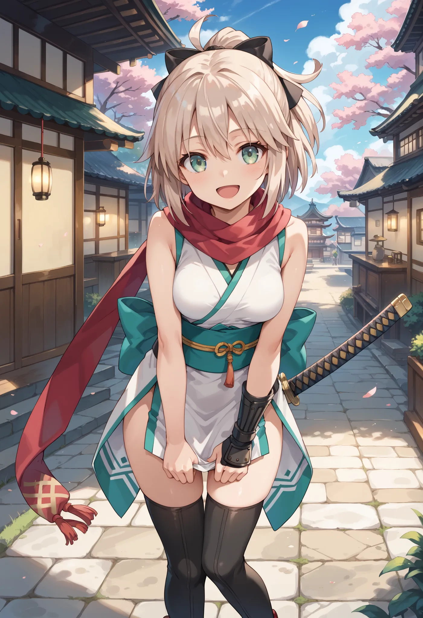  cute face, perfect face, perfect hands, 1teen_girl,okita souji \(FGO\), okita souji \(fate\), white_pink_ponytail,black_bow,sleeveless_white_short_kimono,
 smile,happy,gold_eyes, thigh-highs, (straw_sandals:0.6),medium_breasts,  ,town_background,black_lon...