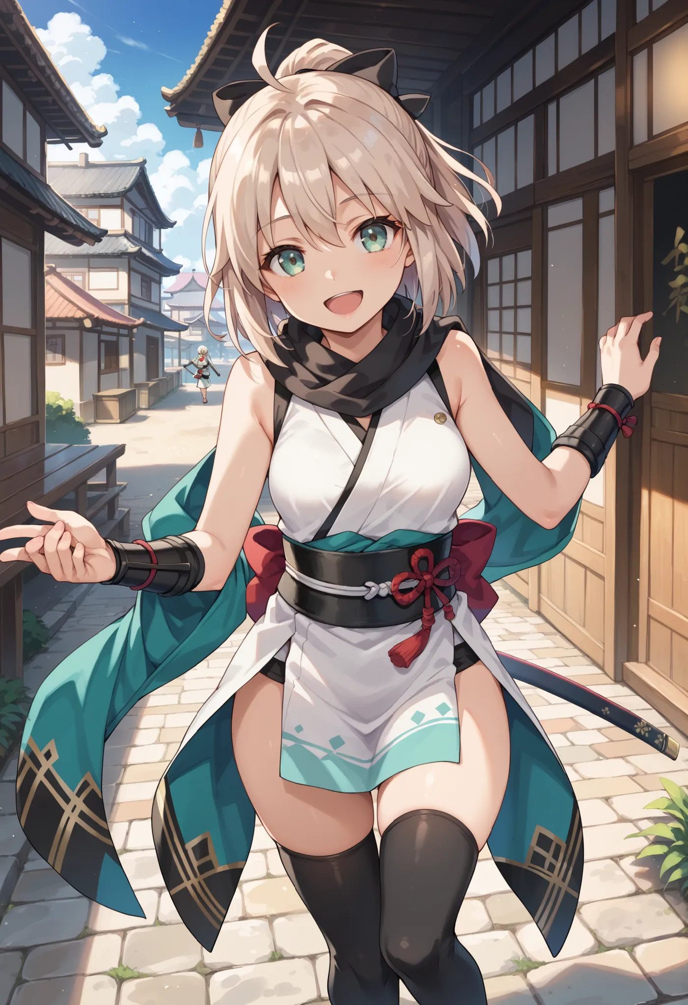  cute face, perfect face, perfect hands, 1teen_girl,okita souji \(FGO\), okita souji \(fate\), white_pink_ponytail,black_bow,sleeveless_white_short_kimono,
 smile,happy,gold_eyes, thigh-highs, (straw_sandals:0.6),medium_breasts,  ,town_background,black_lon...