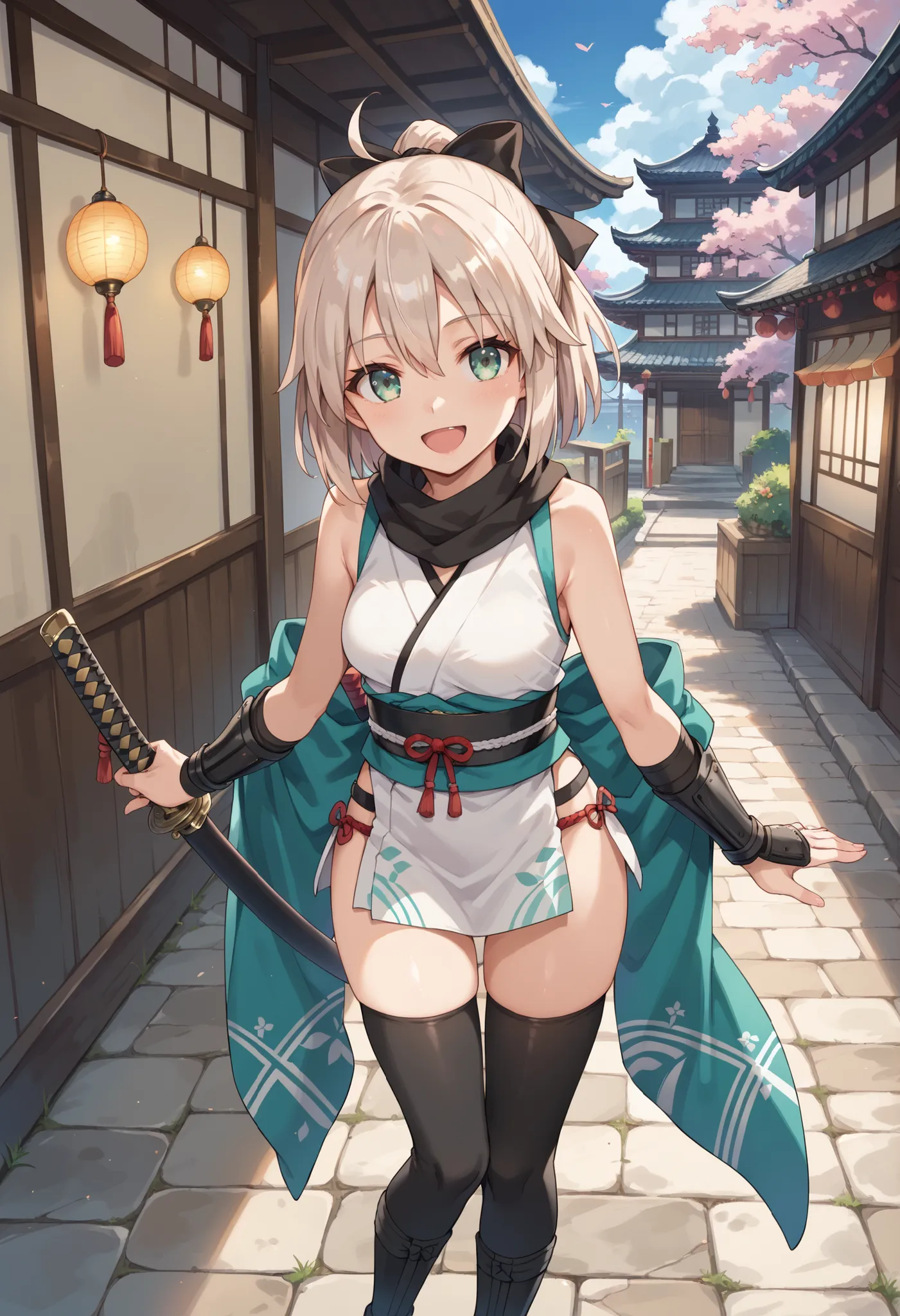 cute face, perfect face, perfect hands, 1teen_girl,okita souji \(FGO\), okita souji \(fate\), white_pink_ponytail,black_bow,sleeveless_white_short_kimono,
smile,happy,gold_eyes, thigh-highs, (straw_sandals:0.6),medium_breasts, ,town_background,black_lon...