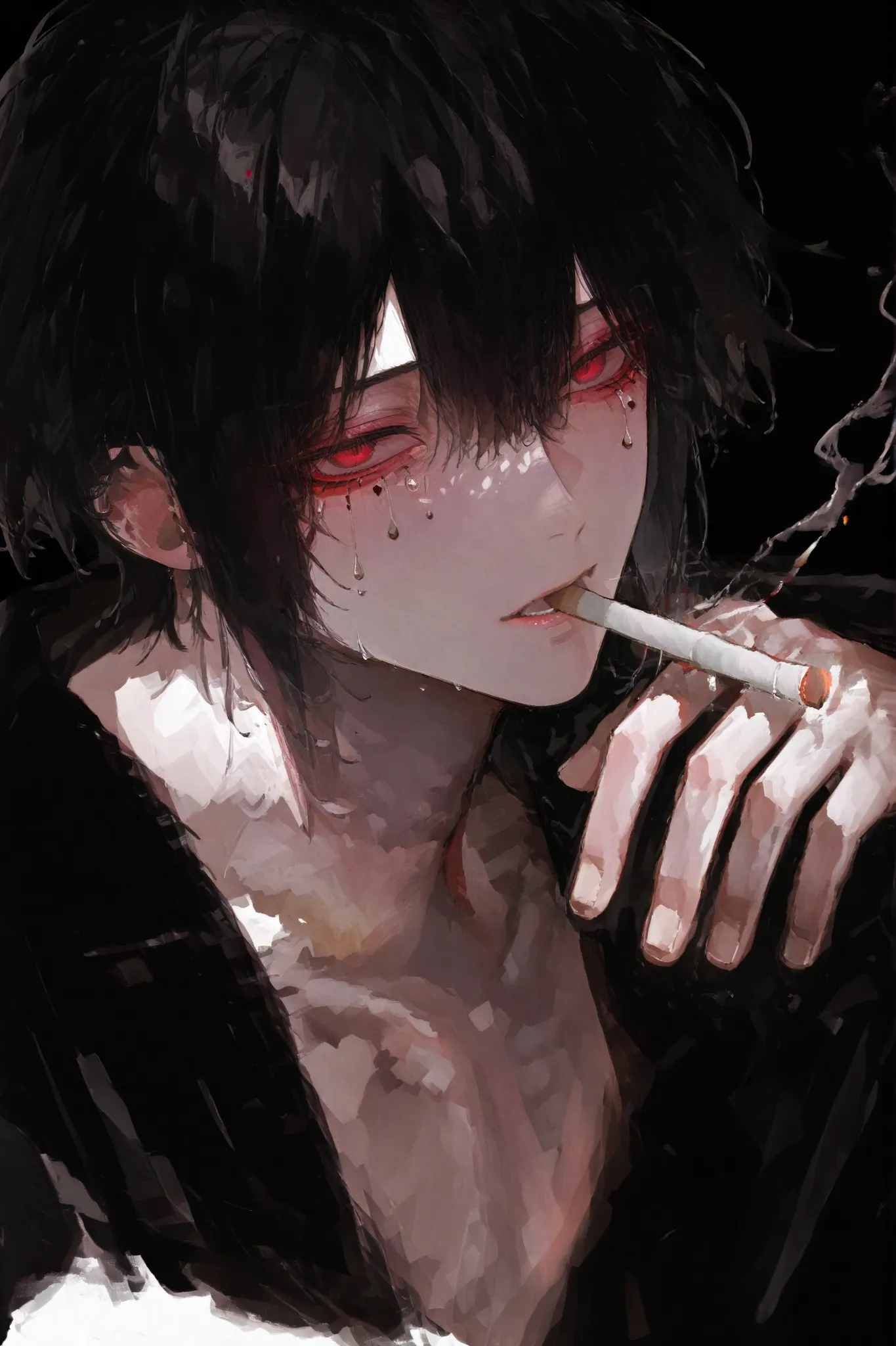 oil、 boy、black background、白髪の boy、cool、close-up、beautiful、black hair、red eyes、teardrop-shaped makeup、 cigarettes、cigarette
