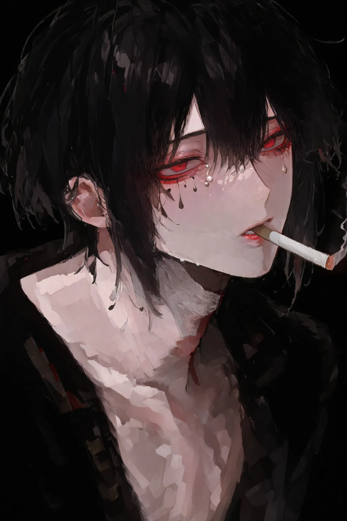 oil、 boy、black background、白髪の boy、cool、close-up、beautiful、black hair、red eyes、teardrop-shaped makeup、 cigarettes、cigarette
