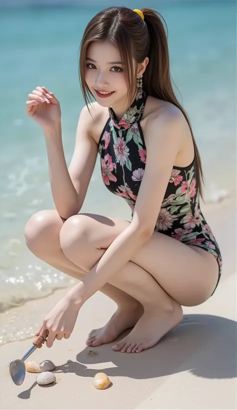 ((Korean pop idol who uses hunting tools。),((Crouch down on the beach and use a small scoop to collect clams,taken from the side)),((tropical sandy beaches and beautiful seas)),((High neck swimsuit)),(nice smile),(beautiful Korean idol makeup,beautiful lip...