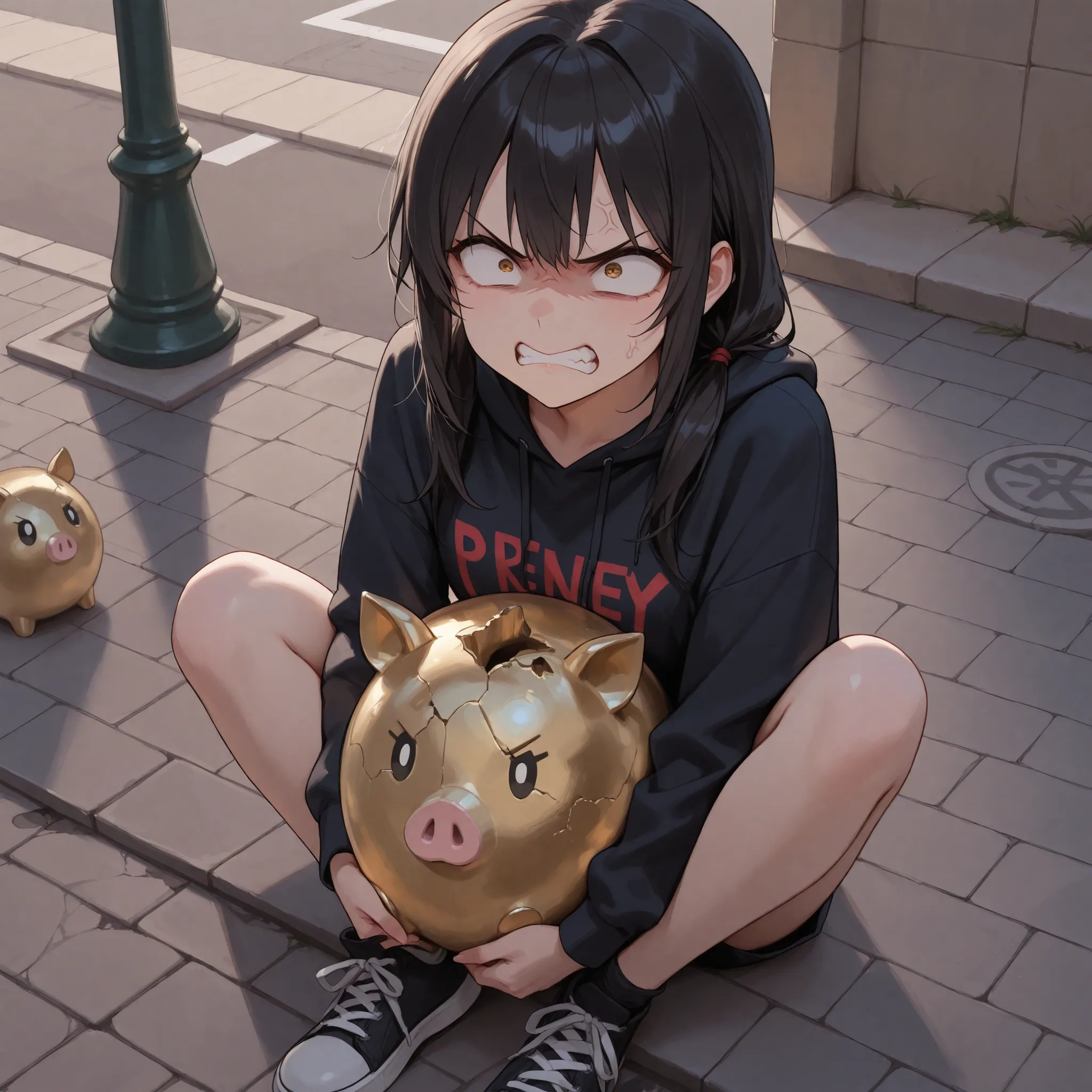 A girl of , sitting on the sidewalk with an angry face, next to the pavement is a broken piggy bank,