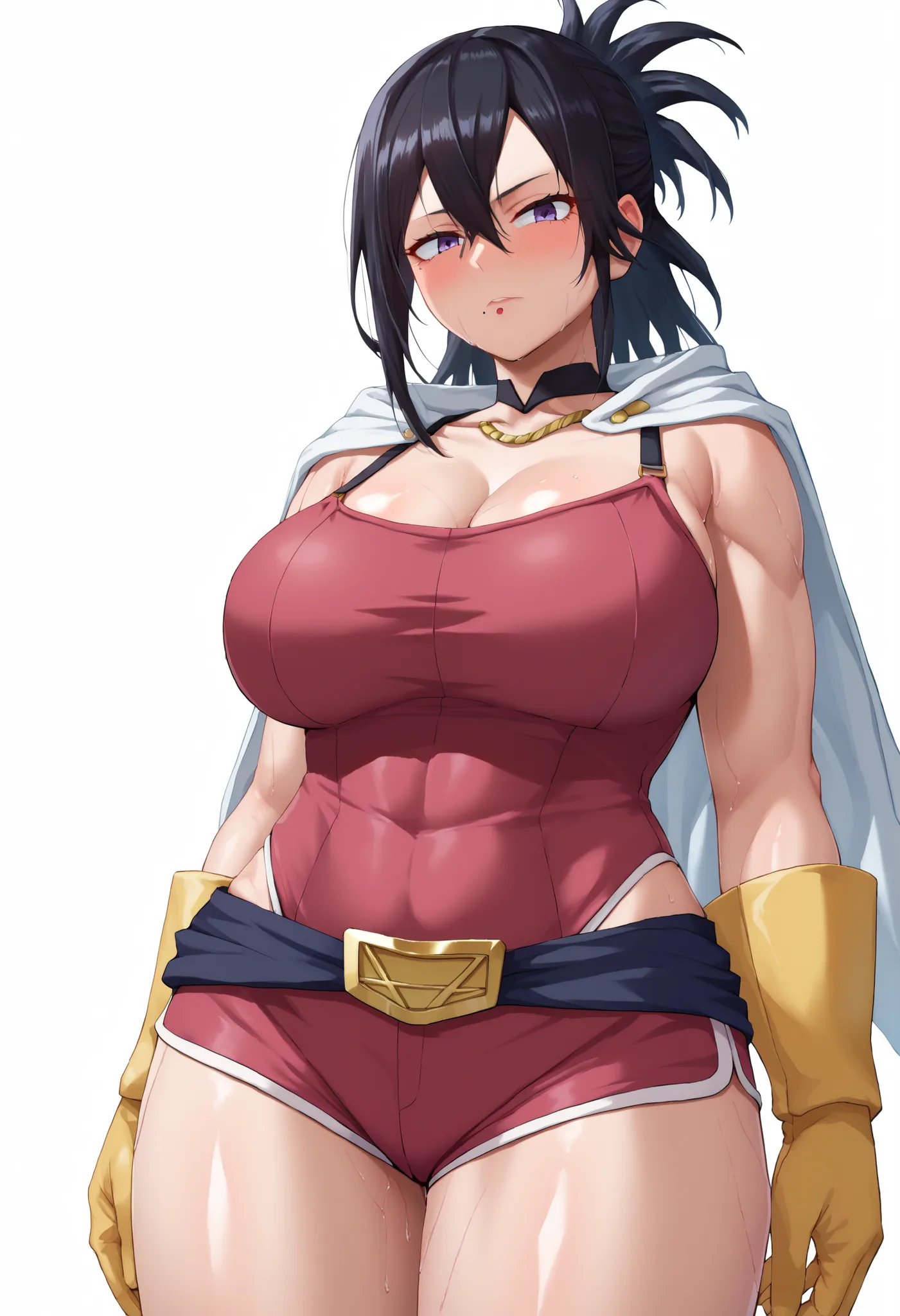 score_9,score_8_up,score_7_up,score_9,4k,HD,8k,highres,antialiasing,detailed,texture,cinematic lighting BREAK Nanashimura,1girl,solo,large breasts,black hair,gloves,hair between eyes,,purple eyes,,mole under mouth,white cape,superhero,yellow gloves,cowboy ...