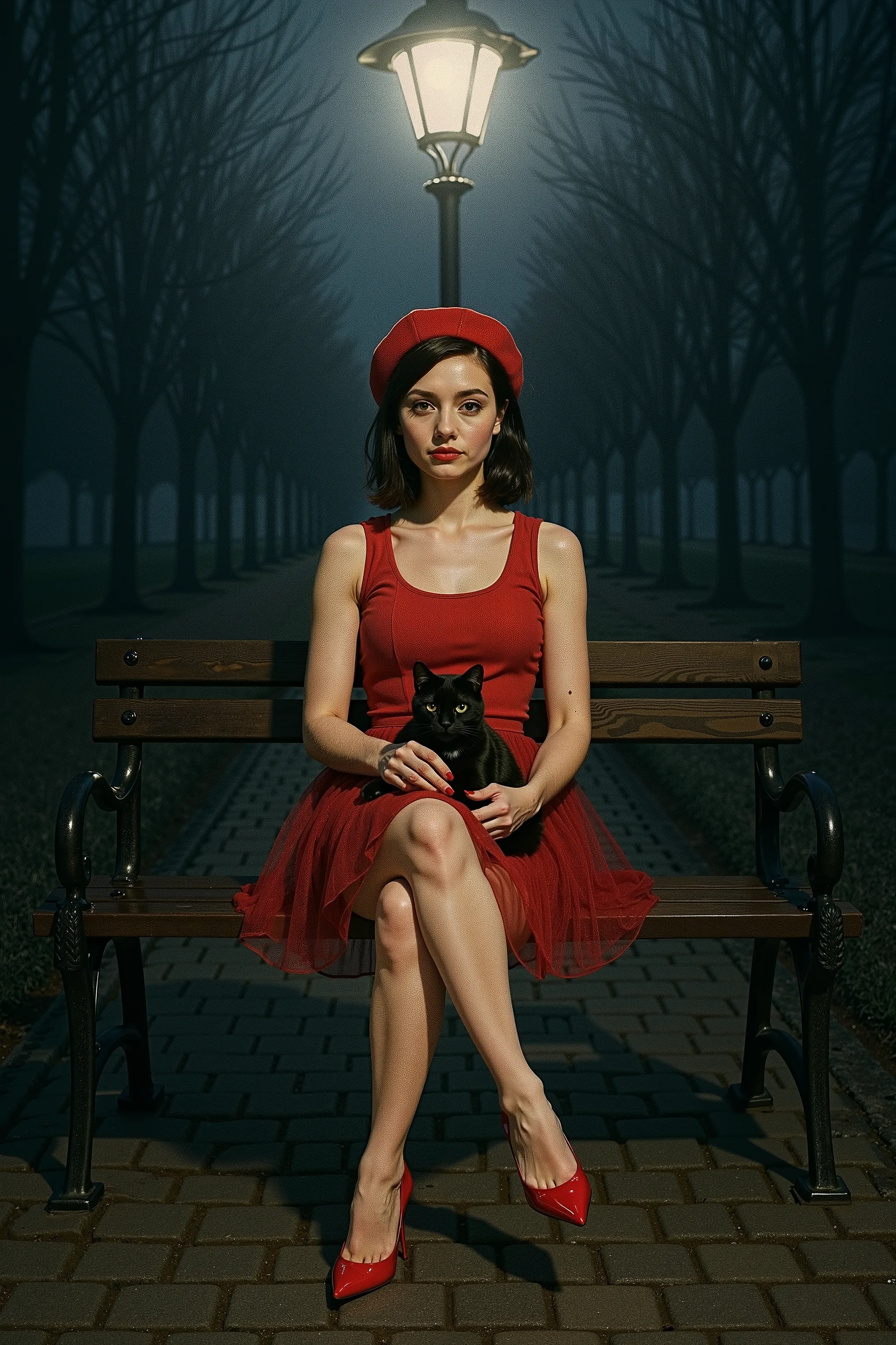 Shot from the distance, full body shot from head to toe, vertical 9:16 aspect ratio, perfectly centered, front view. A young woman named Gracie is seated gracefully on a simple park bench made of wood and iron, positioned directly beneath a solitary vintag...