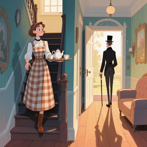 fantasy genre, cartoon design, depicting a view right on the left side of the image holding a tray with cups and a kettle and dressed in a long checkered sundress and a shirt and tall brown shoelaces go down a narrow staircase in an old Victorian house from the second floor to the first floor. on the right side of the image, the hallway in which there is a sofa and the front door next to it is an open front door and in it, against the background of sunlight, a tall, slender Edwardian man in dark pants standing backwards, in a dark jacket and a cylinder and with a cane in hand. he casts a long shadow on the wooden floor in the hallway.  whimsical details . bright colors, high detail.