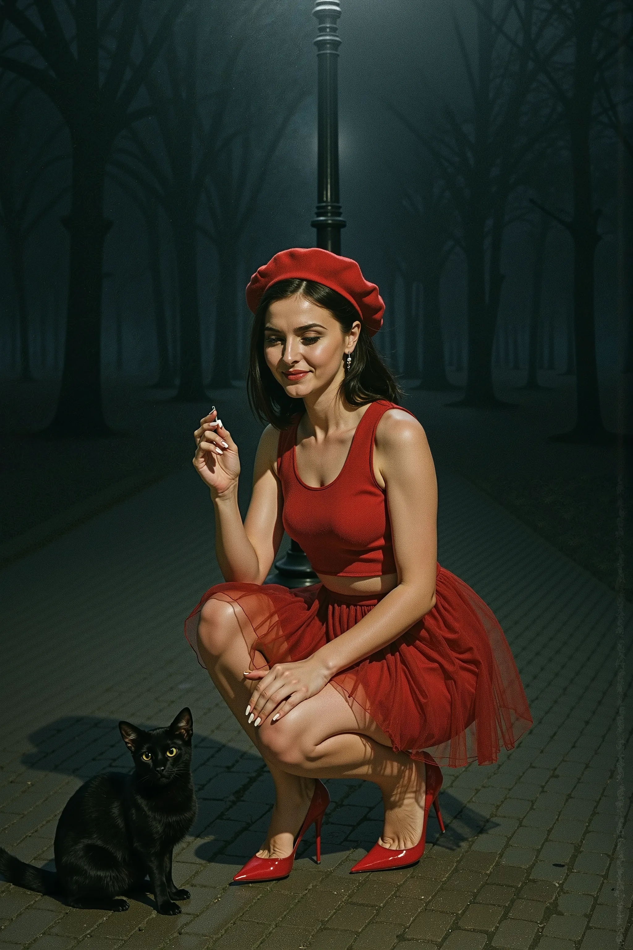 Shot from the distance, full body shot from head to toe, vertical 9:16 aspect ratio, perfectly centered, front view. A young woman named Gracie stands alone directly beneath a solitary vintage streetlamp in a deserted park at night. The ambient lighting is...