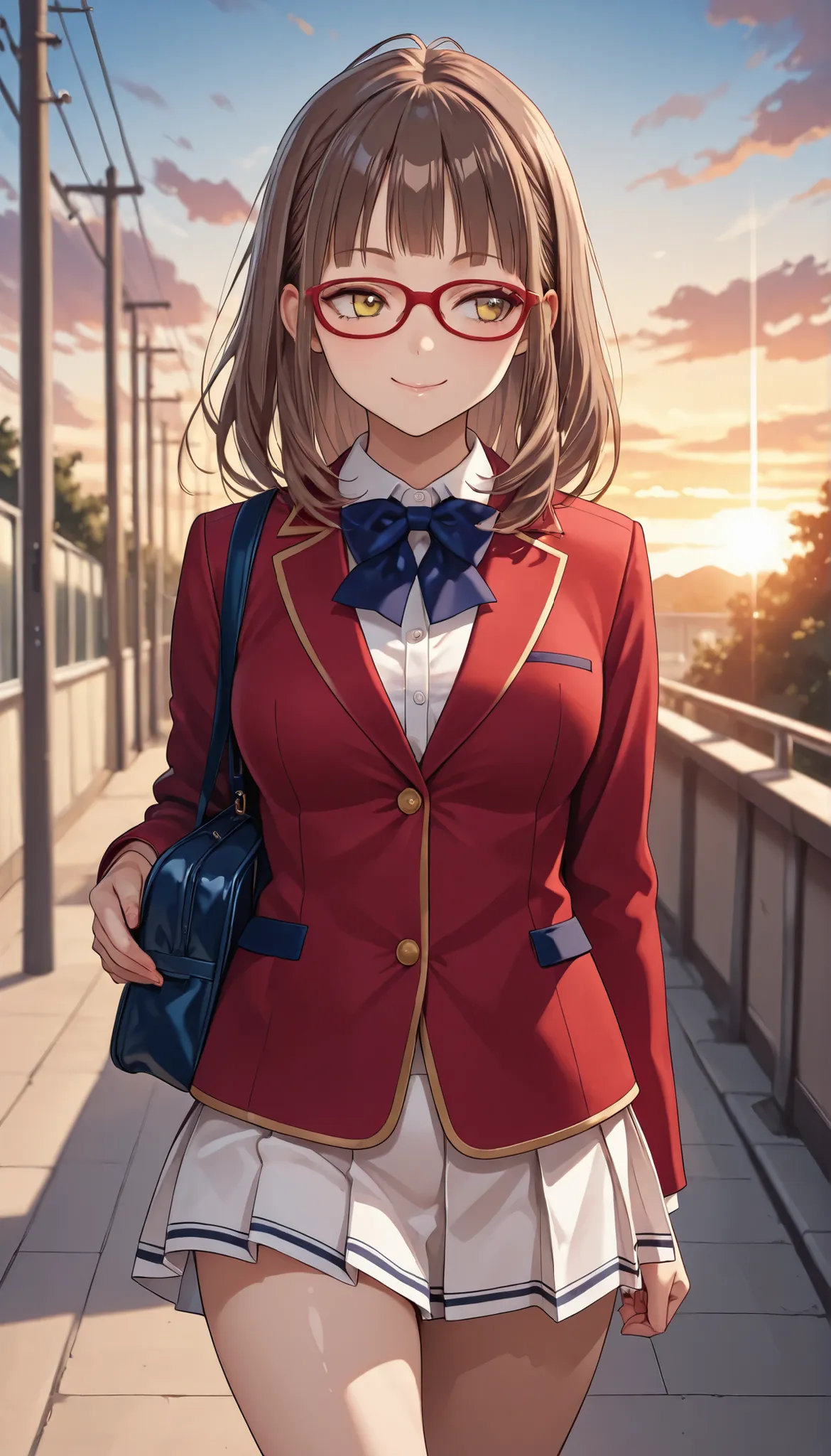 rika morofuji, brown hair, medium hair, yellow eyes,red-framed eyewear glasses, 1 girl, red ribbon, red jacket school uniform, white shirt, red jacket, collared shirt, bowtie, white skirt, thigh,from front, walking ,1girl, solo, cowboy shot, sunset ,schoo...