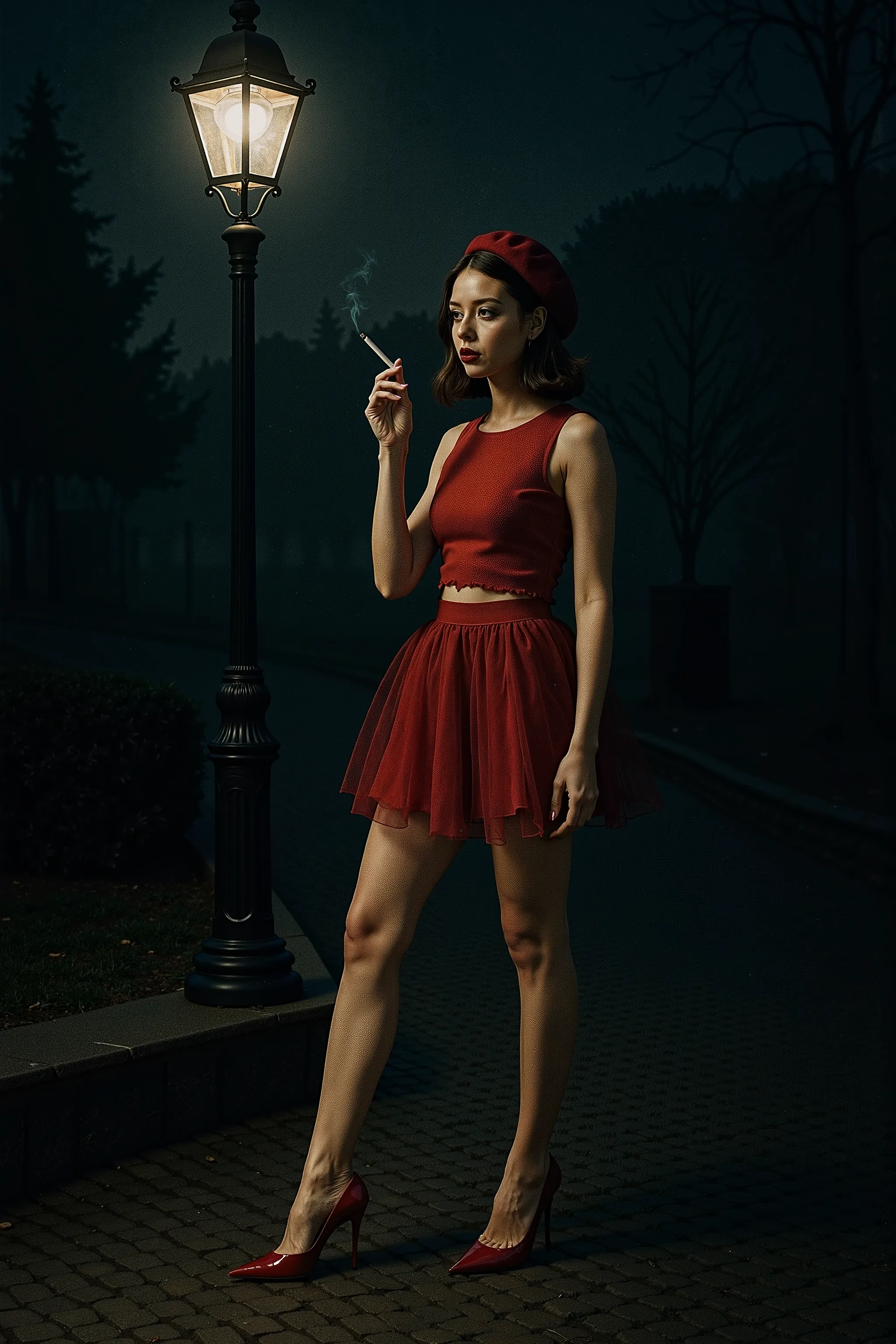 Shot from the distance, full body shot from head to toe, vertical 9:16 aspect ratio, perfectly centered, front view. A young woman named Gracie stands alone directly beneath a solitary vintage streetlamp in a deserted park at night. The ambient lighting is...