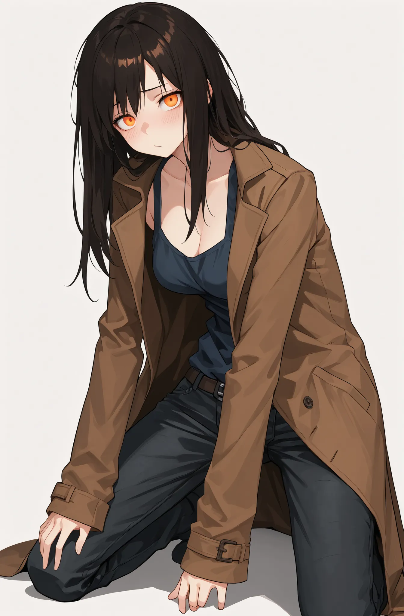 1girl , (solo),medium breasts:0.8, postal, brown coat, bright orange eyes, Beautiful eyes, dark blue tank top , bare torso, brown long hair ,  (the brown big center of the eye), (completely white background), black jeans, shy, ((Masterpiece)), ((highest qu...
