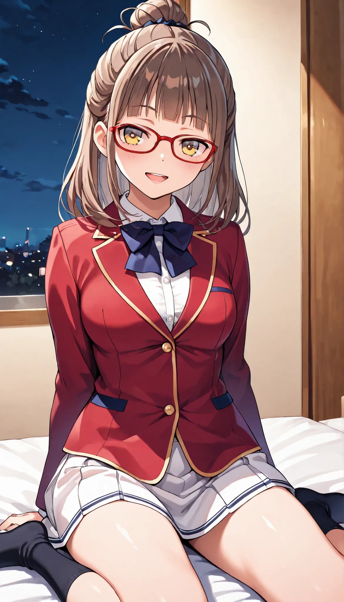 rika morofuji, brown hair, medium hair, yellow eyes,have a red-framed eyewear glasses, 1 girl, red ribbon, red jacket school uniform, white shirt, red jacket, collared shirt, bowtie, white skirt, thigh,from front, sitting ,wariza,1girl, solo, cowboy shot,...
