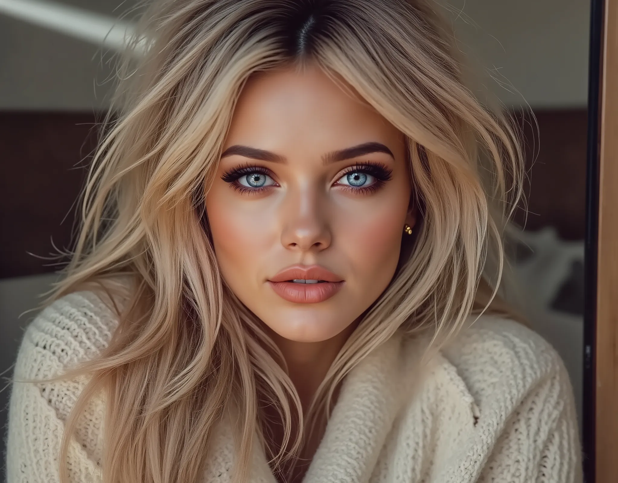 close up portrait of woman, aran sweater, comfy
