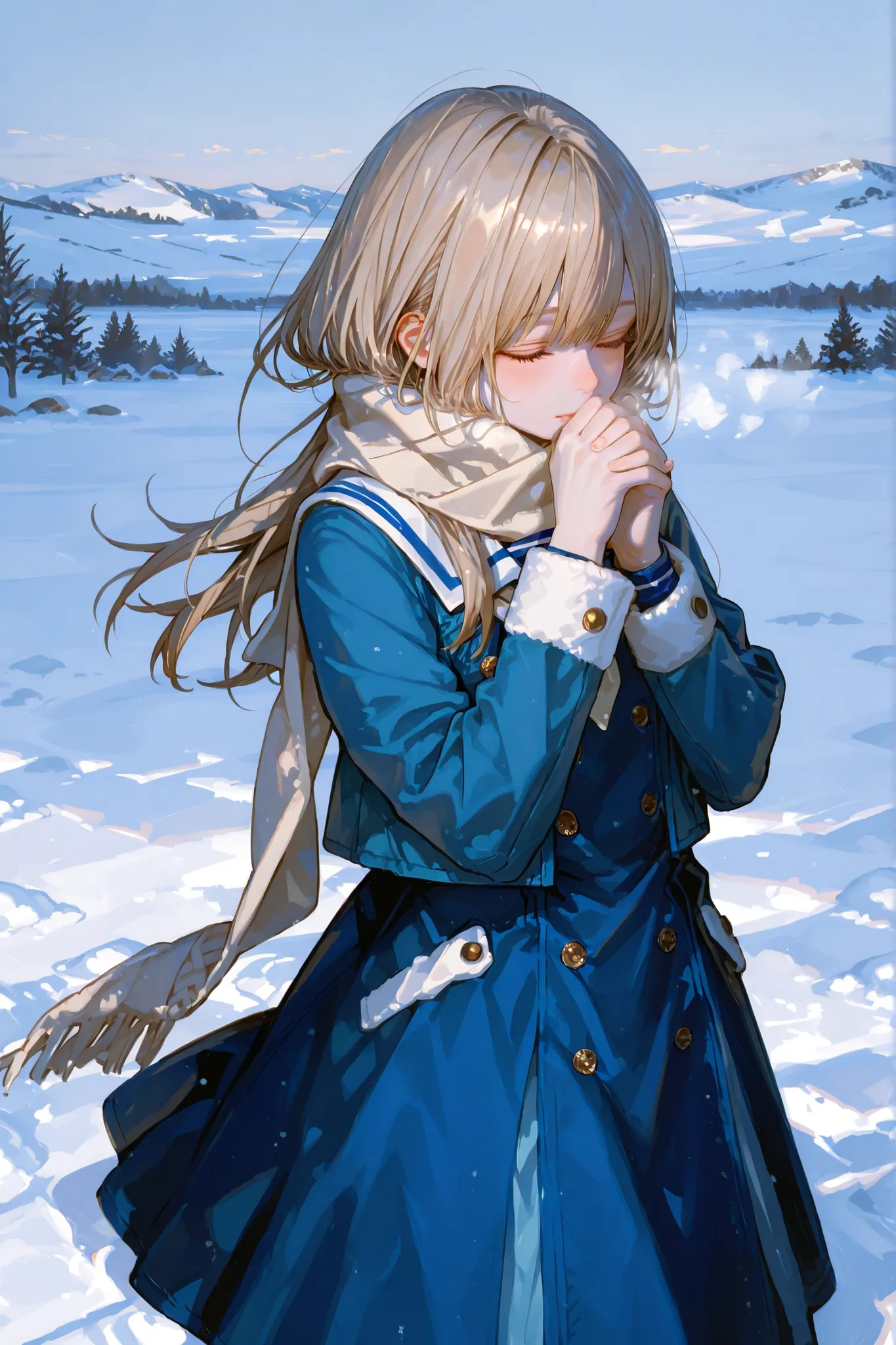 A young woman wearing a blue dress, sailor-style jacket. Her hands clasped to her face,while her left hand is holding a soft. scarf,outdoor,Snowy Days,Probably a cold atmosphere, A double breasted jacket with sailor style. her hair is long , Light Brown, ...