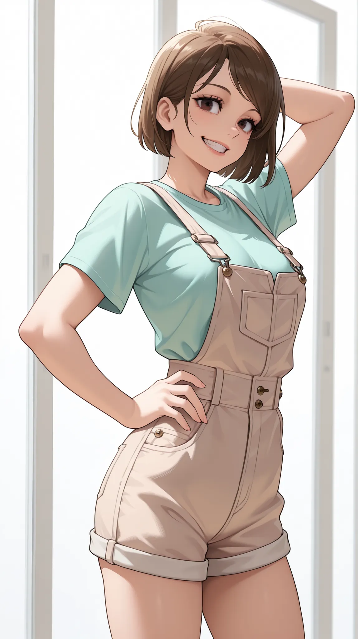 1girl, short hair, brown hair, brown eyes, (((cowboy shot, model shot))), masterpiece, standing pose, relaxed, model pose, white background, natural light, masterpiece, very cute, slender built, large eye lashes, cute, t-shirt, turquoise shirt, short sleev...