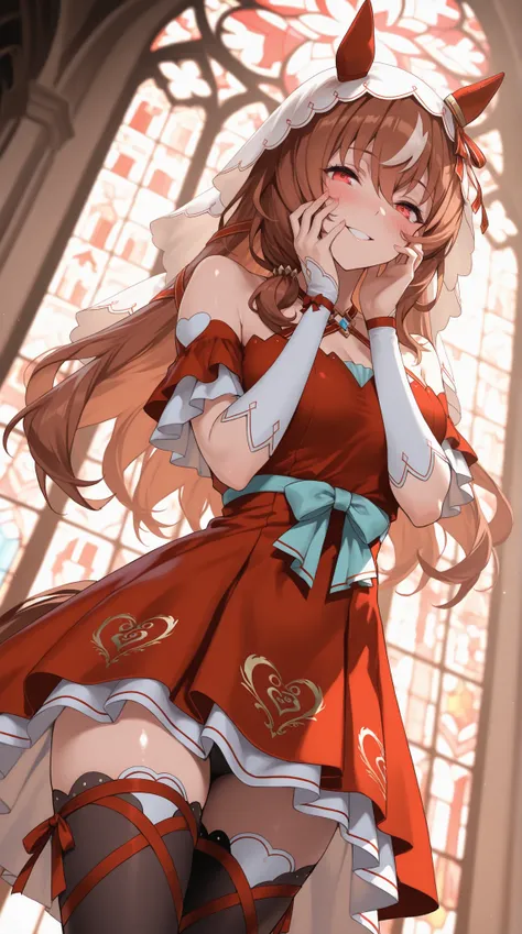 (masterpiece,best quality,,Ultra-high resolution,rich contrast,8k,Incredibly absurd,score_core_8_ up,score_7_ up),perfect face, perfect anatomy, intricate, (highly detailed),break,1girl,solo,SILove,horse girl,brown hair,red eyes,long hair,streaked hair,SIL...