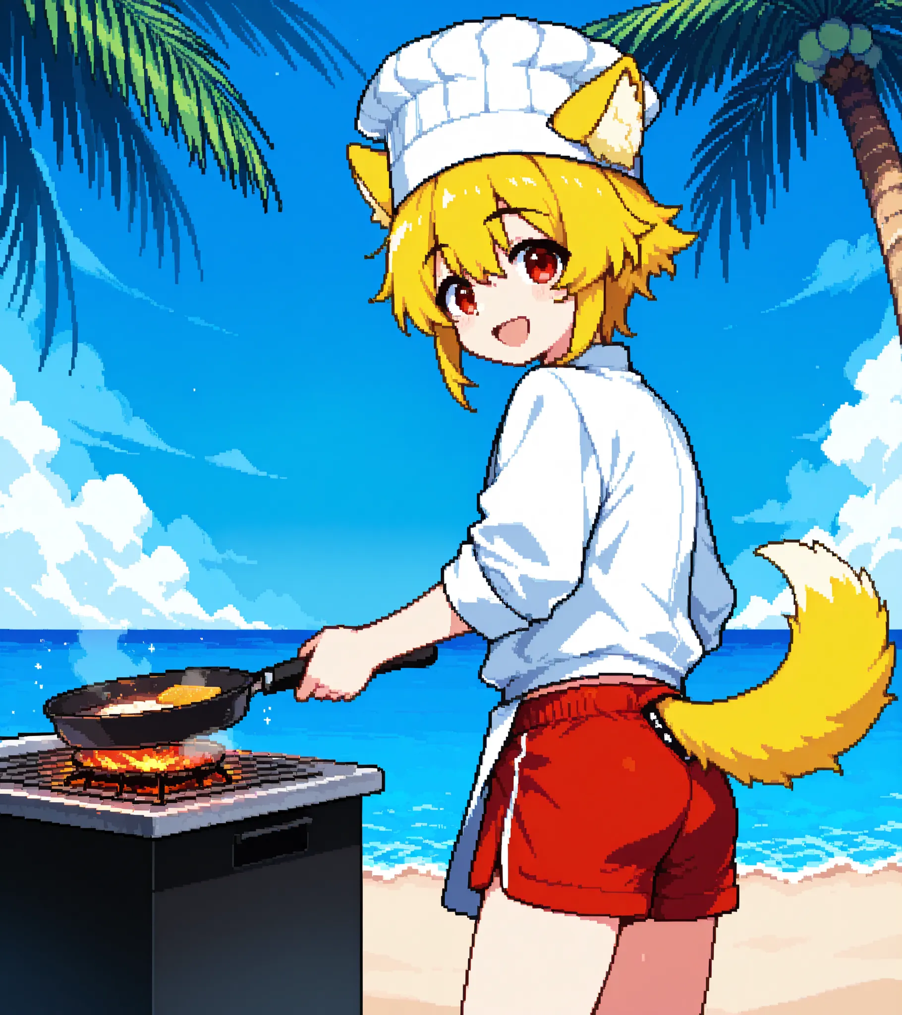 score_9, score_8_up, score_7_up, source_anime, solo, pixel art, kemonomimi, 1boy, solo  BREAK 

Dog ears and tail, yellow hair, short hair, red eyes, yellow ears, yellow tail BREAK 

Chef hat, male swimwear, red shorts BREAK 

From behind, looking back, op...