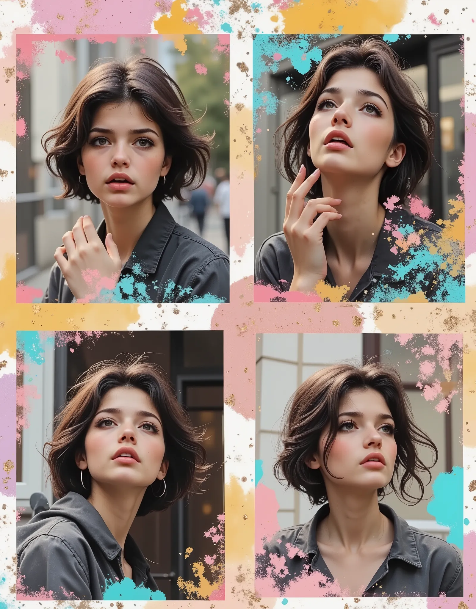Create a collage of multiple photos within a single photo shoot. The footage shows the same young sweet emotional European girl, 20 years old, in an urban environment. In one shot, the girl is laughing, in the second she is sad, in the third she is thinkin...