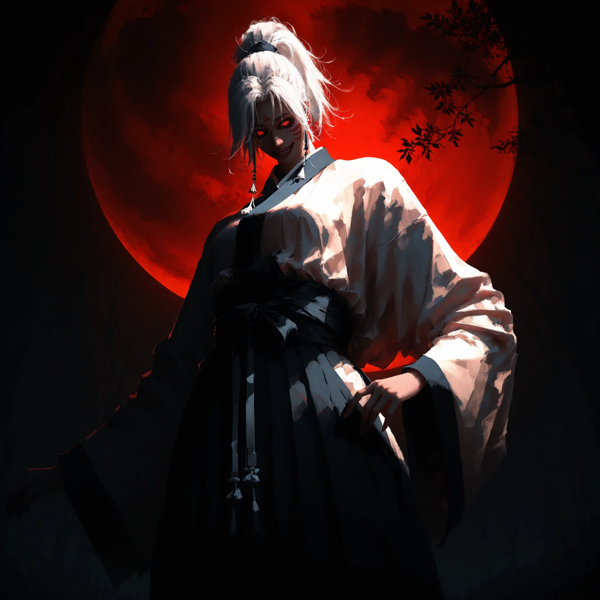 artist: wlop, masterpiece, best quality, illustration, a beautiful woman, white hair, ponytail, red irises with white engravings, detailed face, japanese clothes, female wearing japanese dojo style clothes with high waist bottoms, tall-looking, fantasy, pe...