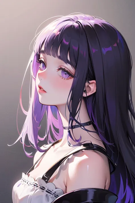 ( pale purple eyes )、(dark lavender monochromatic hair)、Sara Sarah Long Straight、My bangs are heavy、elegant woman with a young face、beautiful dress、high quality、Seimitsu、4K、HDR、Studio Light、portrait、Digital Art、fantasy、delicate skin texture、 smooth, natural texture 、cool atmosphere、soft lighting for the landscape、mysterious、Perfect human body、blunt cut, long hair, LavenderBlush hair、cafe, a girl, princess charming, mermaid beautiful, cute, gothic atmosphere upper body, low angle shot from below, low angle shot, black background blunt cut, long hair, blunt bangs, straight hair