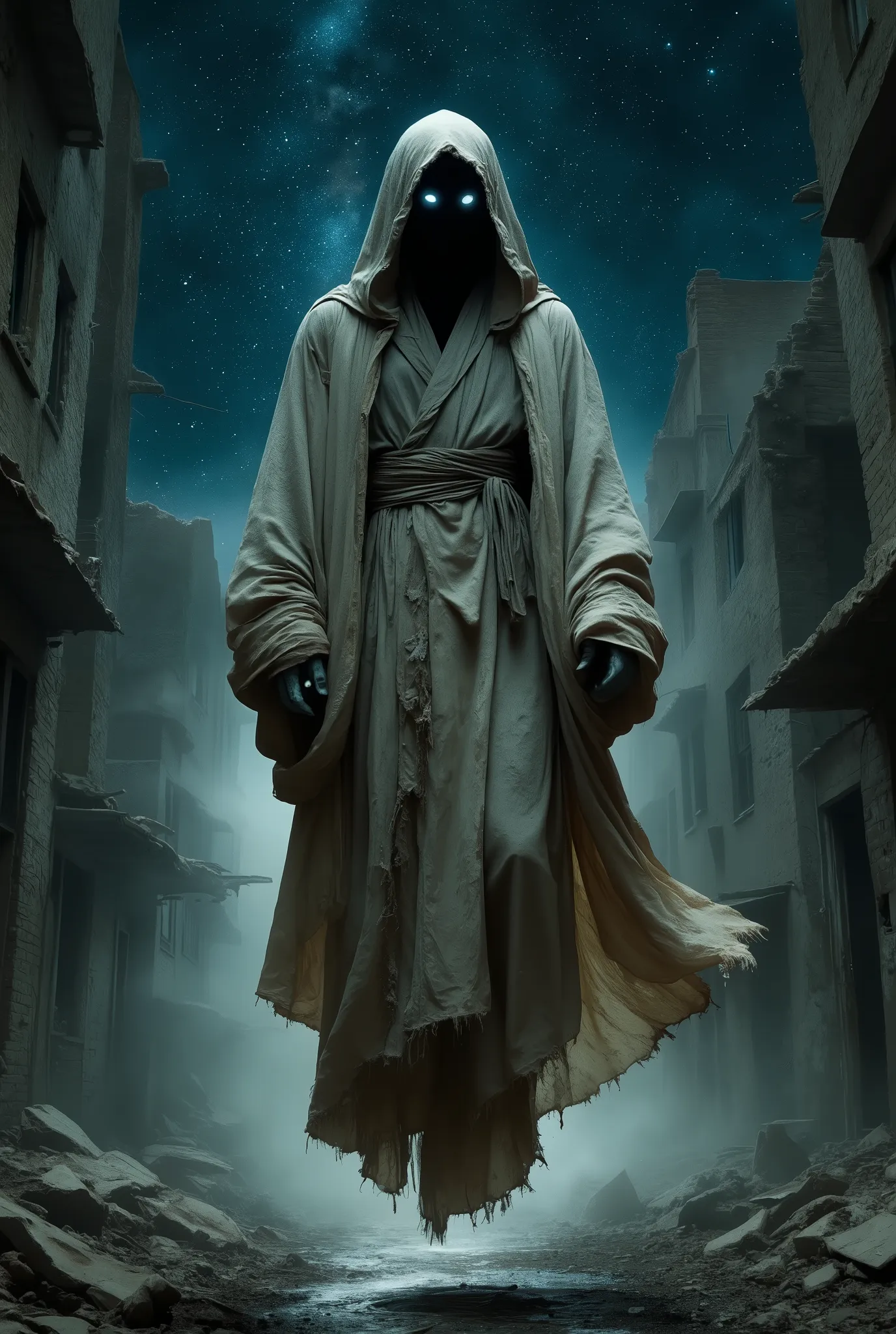 photorealistic, A ghost man in a long, shapeless robe with a hood and torn lower edges, levitating on the air not high above the ground, long floors hide the legs, as if they don't exist at all, dynamic pose, in a dead destroyed city, realistic environment...