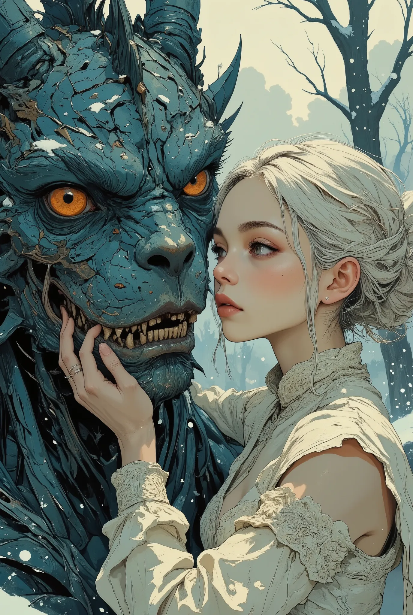 Fairytale-style portrait of a young girl with a dragon.  A , light-skinned, with shoulder-length, white hair in a bun, displays a serene, almost wistful expression.  She's hugging a large, scaled, icy-blue dragon. The girl is dressed in a flowing, off-whit...