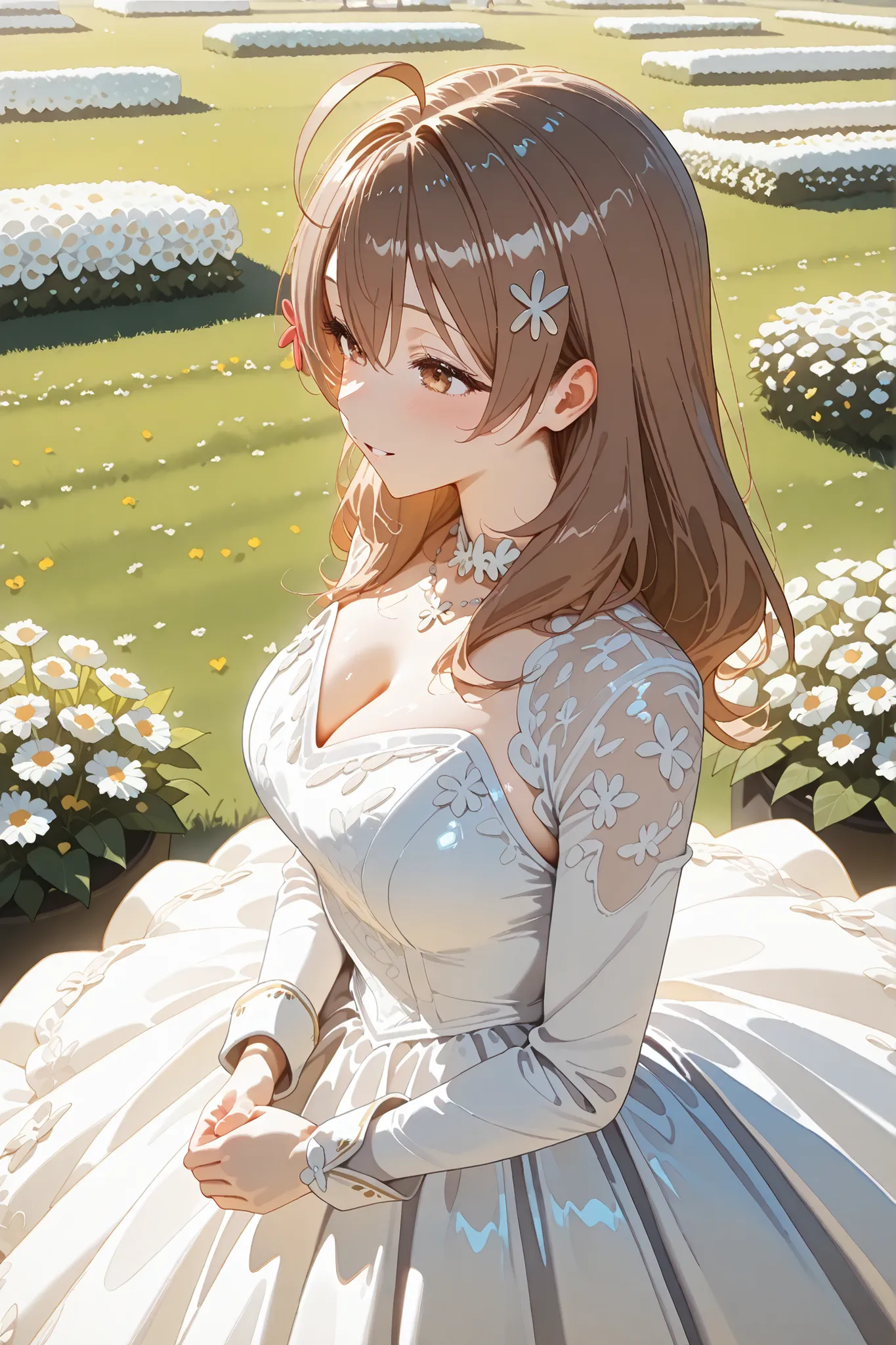 Masterpiece, best quality, absurd, asthetic,Maria Mikhailovna Kujou, Brown hair, long hair, brown eyes, hair hair ornament, ahoge, medium shot, wearing wedding dress,in field full of flowers 