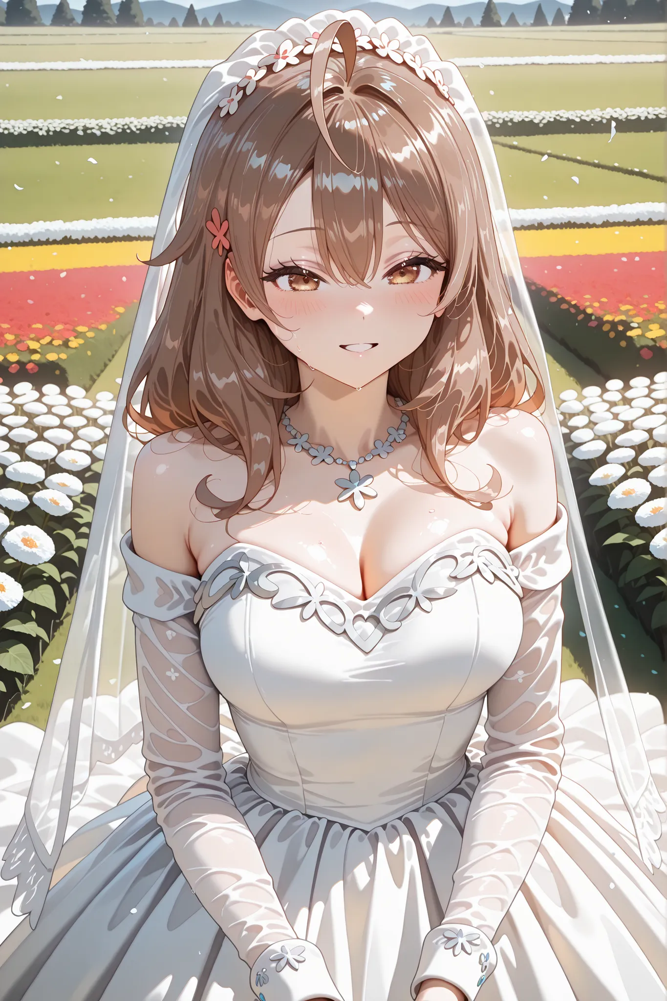 Masterpiece, best quality, absurd, asthetic,Maria Mikhailovna Kujou, Brown hair, long hair, brown eyes, hair hair ornament, ahoge, medium shot, wearing wedding dress,in field full of flowers 