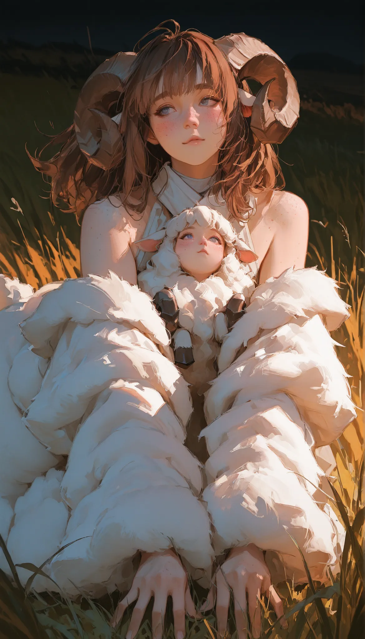 A cute chubby girl with fluffy brown hair, deep blue eyes, light freckles on her cheeks, soft round face. She has fluffy sheep ears and small curled sheep horns, with a soft white fluffy furwrapped around her neck. Her expression is gentle and serene. The ...