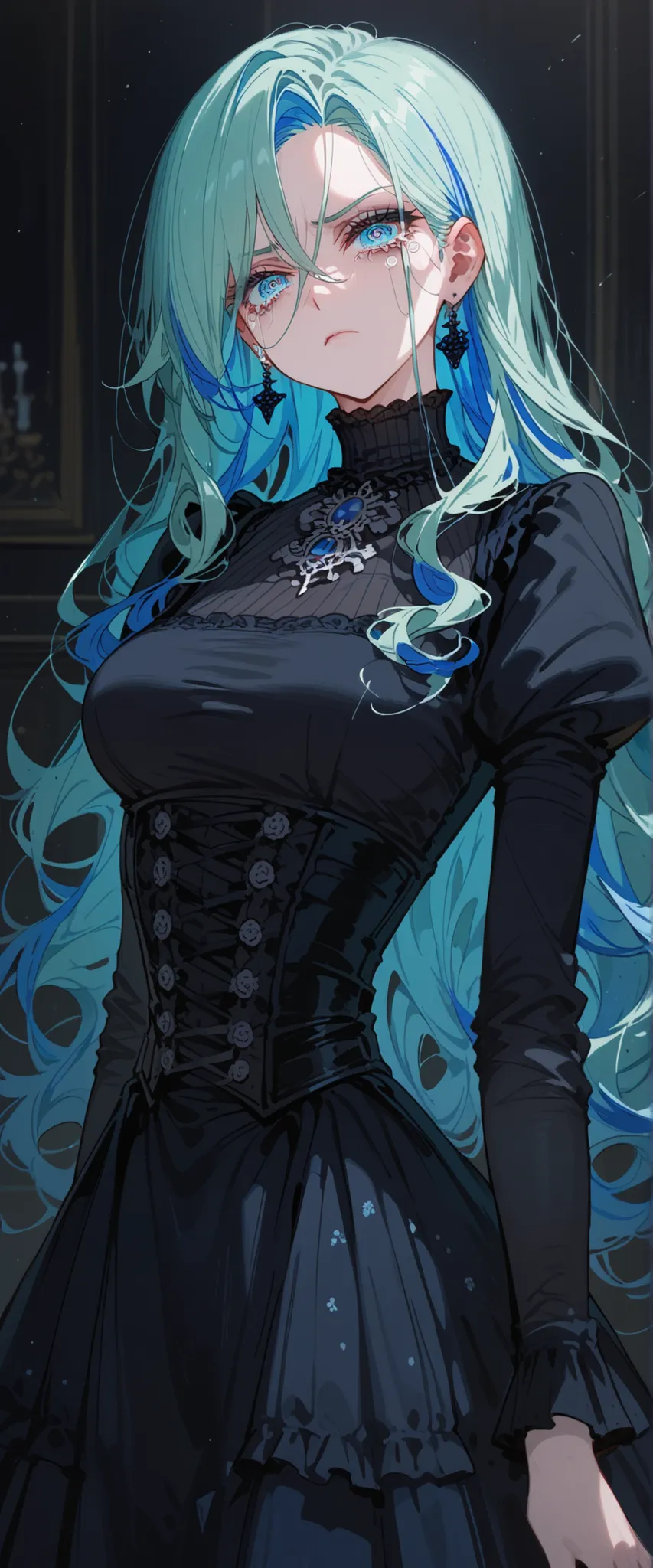 girl,light green hair,in blue eyes, ghoul eyes,Black Long Sleeve Shirt,Black Victorian Era Dress, maxi skirt ,Milf,slim,Fierce face,serious, Undead,Turtleneck, Blue hair, Two tone hair ,Midi Dress,blue hair,Hair Cover,sad,depressive,,tears,standing up