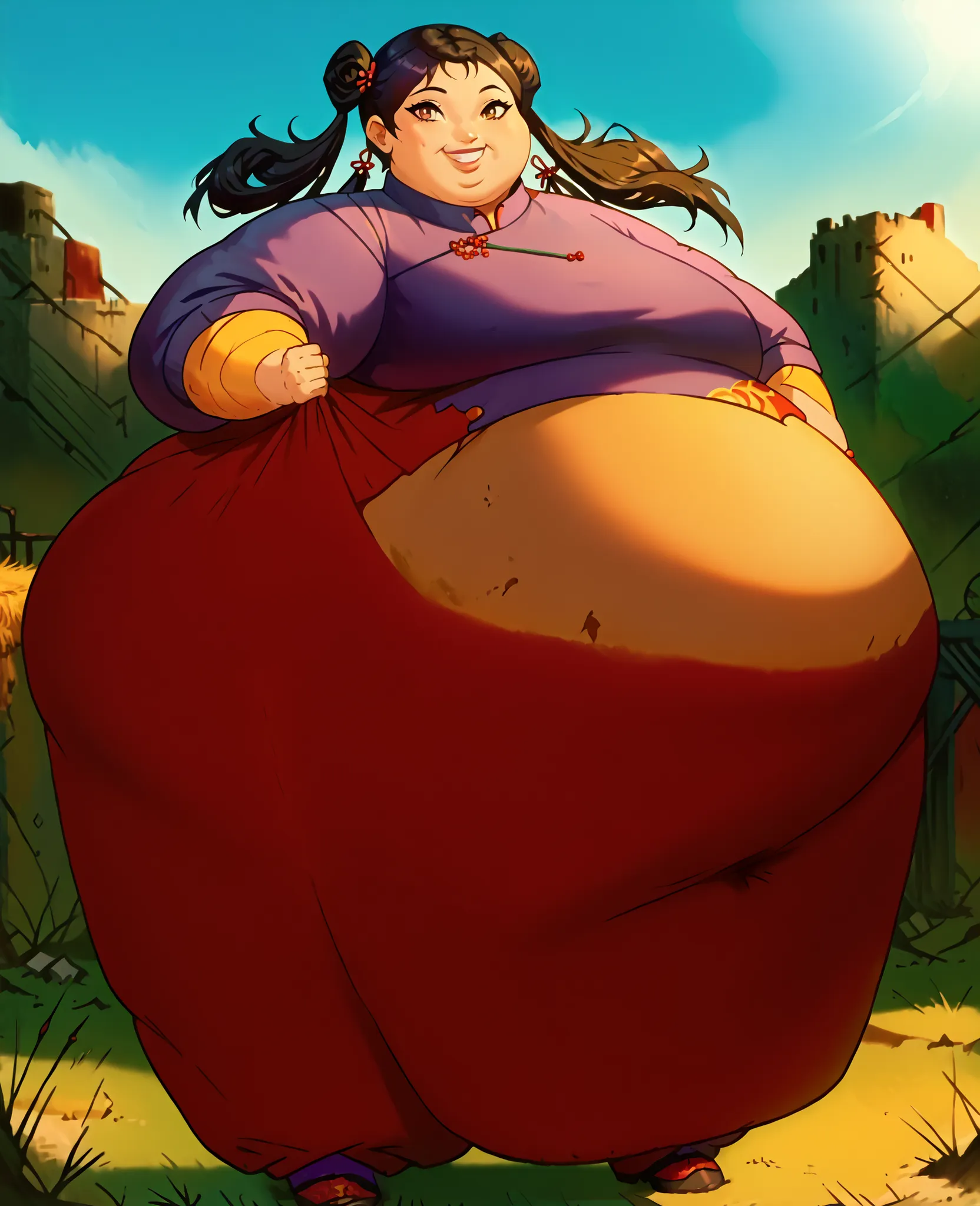 masterpiece, best quality, high resolution,1girl, solo, hay lin, purple cheongsam, purple jacket, large breasts, long hair, twin tails, black hair, brown eyes, dark skin, smiling, outdoors, wasteland, full body, cowboy shot