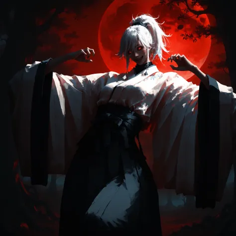 artist: wlop, masterpiece, best quality, illustration, a beautiful woman, white hair, ponytail, red irises with white engravings, detailed face, japanese clothes, female wearing japanese black clothes with high waist bottoms, tall-looking, fantasy, perfect...