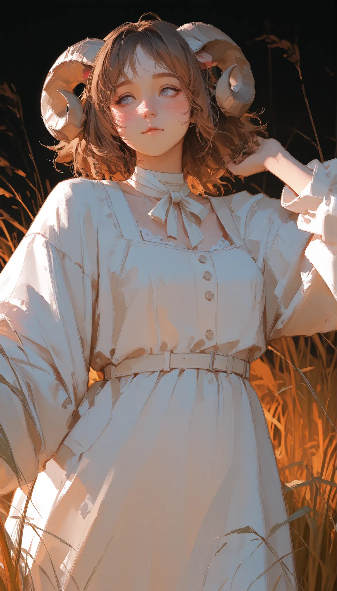 1 figure, solo, A cute chubby girl with fluffy brown hair, deep blue eyes, light freckles on her cheeks, soft round face. She has fluffy sheep ears and small curled sheep horns, with a soft white fluffy furwrapped around her neck. Her expression is gentle ...