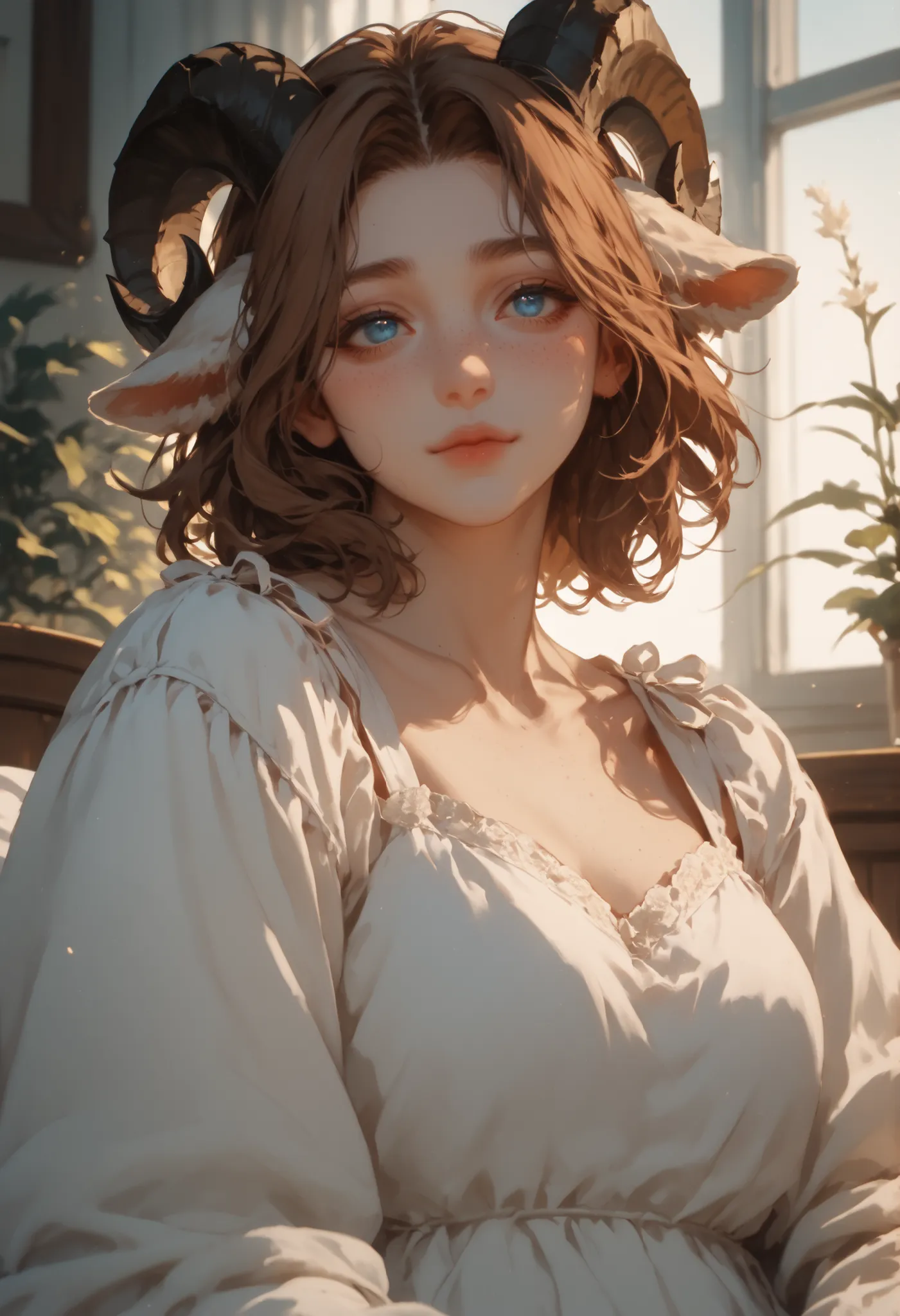 1 figure, solo, A cute chubby girl with fluffy curvy brown hair, deep blue eyes, light freckles on her cheeks, soft round face. She has fluffy sheep ears and small curled sheep horns, with a soft white fluffy furwrapped around her neck. Her expression is g...