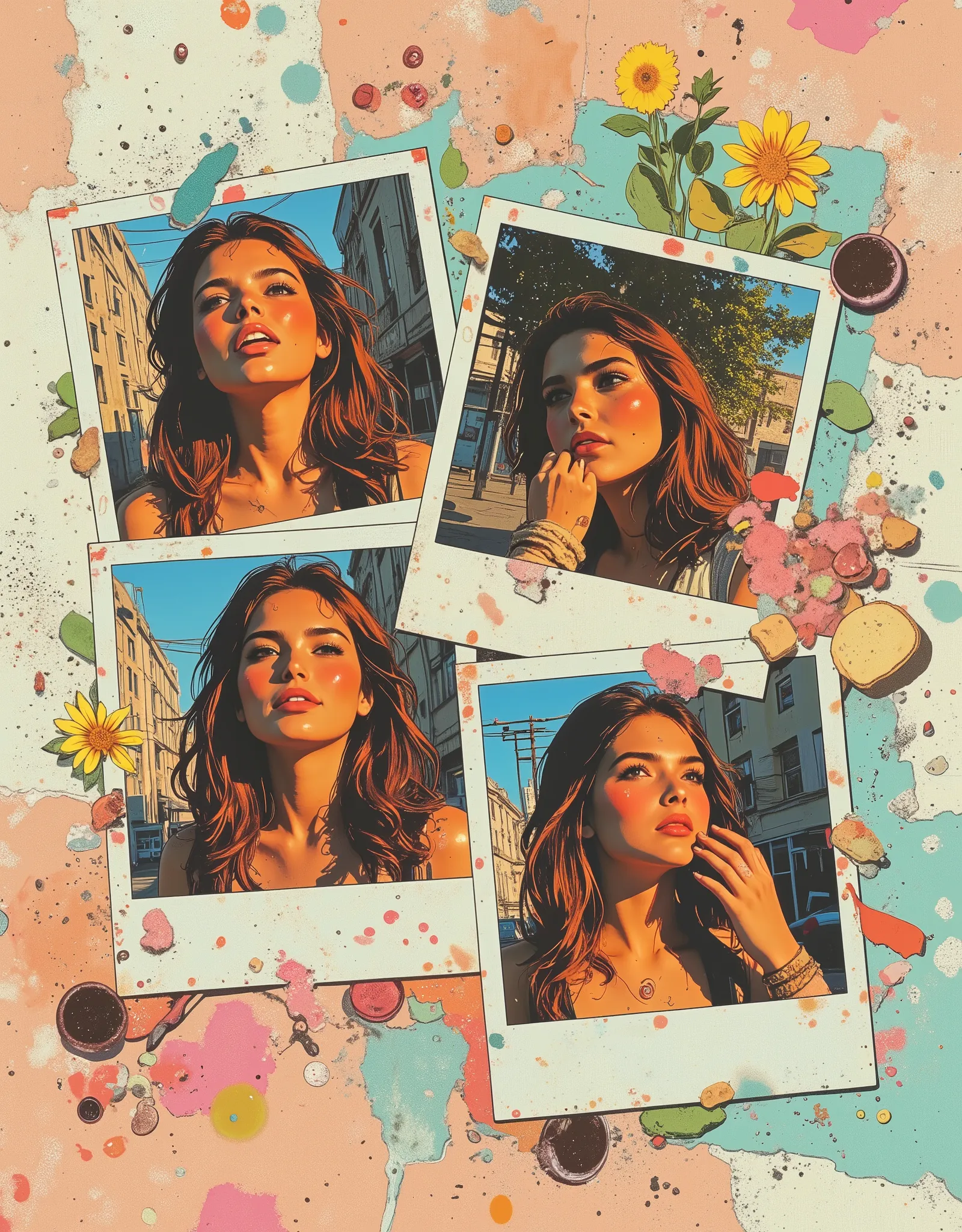 Create a collage of multiple photos within a single photo shoot. The footage shows the same young sweet emotional European girl, 20 years old, in an urban environment. In one shot, the girl is laughing, in the second she is sad, in the third she is thinkin...