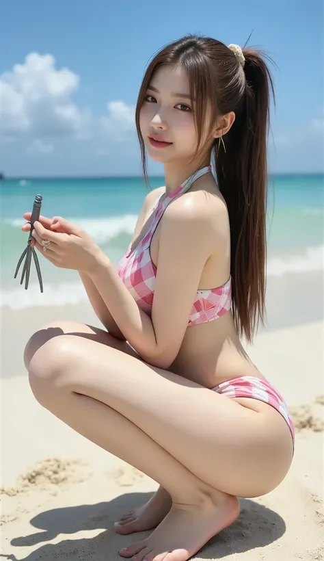 ((Korean pop idol who uses hunting tools。),((They are crouching on the beach and scraping sand using a small iron rake to collect clams,taken from the side)),((tropical sandy beaches and beautiful seas)),((High neck swimsuit)),(nice smile),(beautiful Korea...