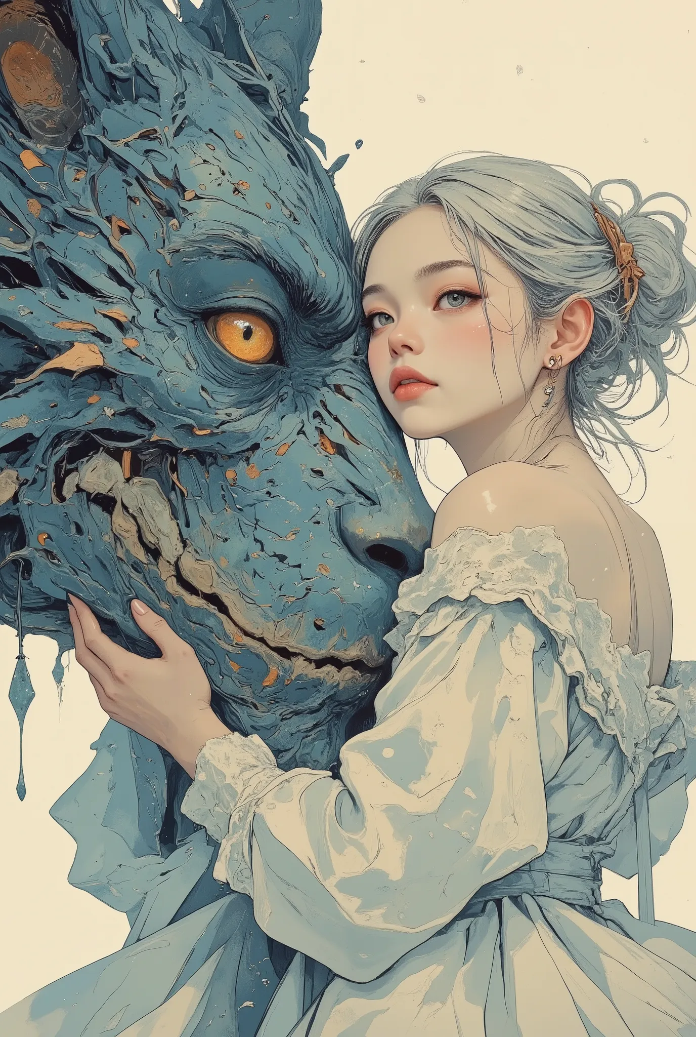 Fairytale-style portrait of a young girl with a dragon. A , light-skinned, with shoulder-length, white hair in a bun, displays a serene, almost wistful expression. She's hugging a large, scaled, icy-blue dragon. The girl is dressed in a flowing, off-whit...