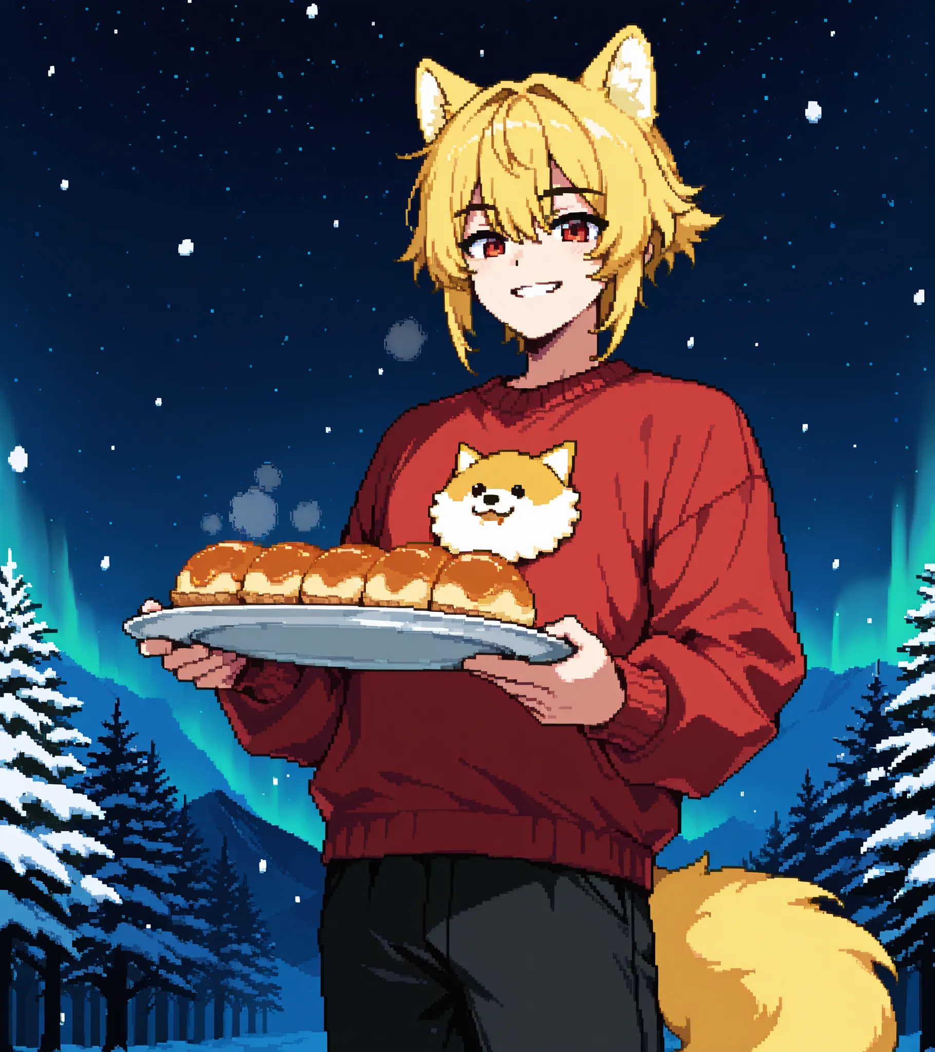 score_9, score_8_up, score_7_up, source_anime, solo, pixel art, kemonomimi, 1boy, solo BREAK 

Dog ears and tail, yellow hair, short hair, red eyes, yellow ears, yellow tail BREAK 

Winter clothes, red sweater, black pants BREAK 

Front view, looking at vi...
