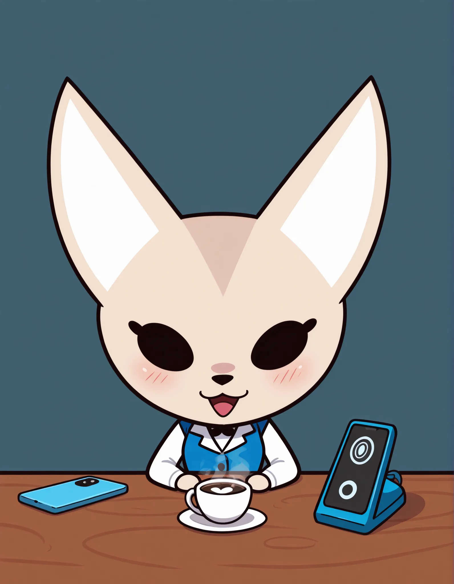 zZFenneko,zZAggrestsuko, table, coffee, phone, facing_viewer, closeup, BIG AHH PHONE, BIG_PHONE