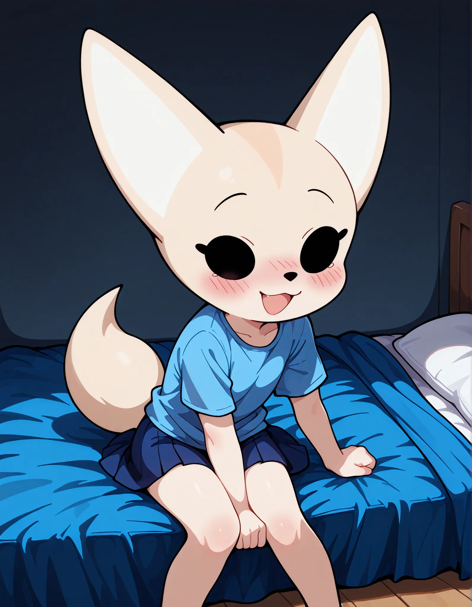 masterpiece, best quality, amazing quality, very aesthetic, absurdres, newest, 1girl, solo, zZFenneko, black_eyes, dot_eyes, blue t-shirt, blue skirt, sitting, smile, blushing, hips, cute, adorable, happy, bedroom, blue bed, 2d,