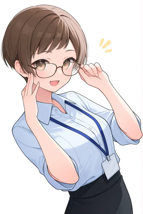 young woman、office casual clothes、solid white background 、brown hair、Mischievous、 VERY SHORT HAIR、Smiling、young woman、Don't put your hands down、wears glasses、Don't stick out