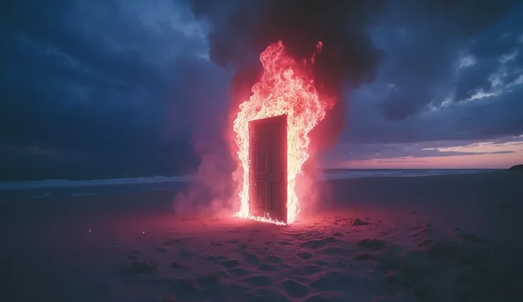 film(2929), directed by Luis Buñuel. Realistic image of a door in the middle of the sand on the beach floor at night, Burning door, film filter, clouds,  pink sunset 