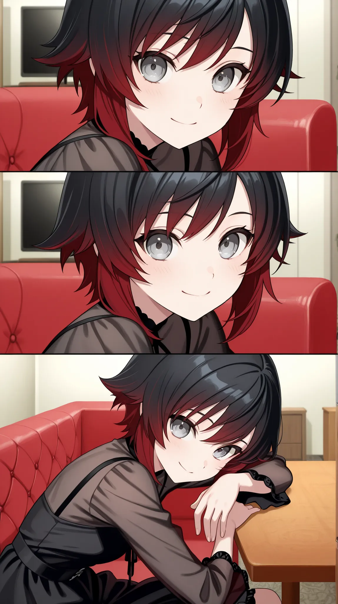RubyR0se, 1girl, black hair, red hair, two tone hair, gray eyes, black dress, indoors, living room, couch, sitting on couch, table, TV, looking at viewer, sitting sideways, smile, upper body, close-up of face, from side, score_9, score_8_up, score_7_up, so...