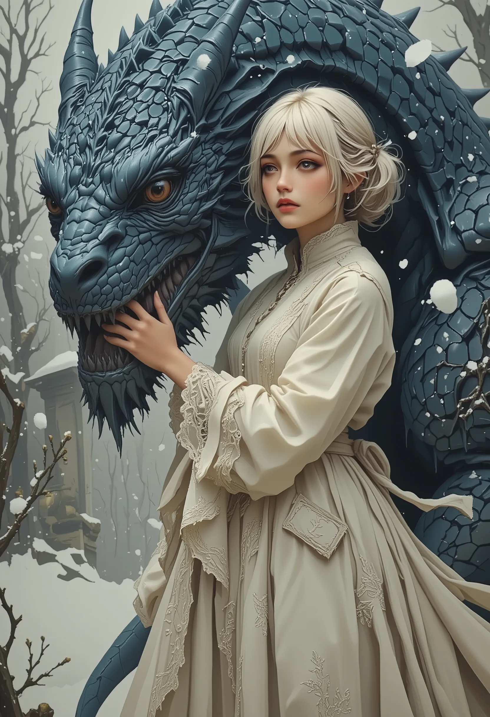 Fairytale-style portrait of a young girl with a dragon.  A , light-skinned, with shoulder-length, white hair in a bun, displays a serene, almost wistful expression.  She's hugging a large, scaled, icy-blue dragon. The girl is dressed in a flowing, off-whit...
